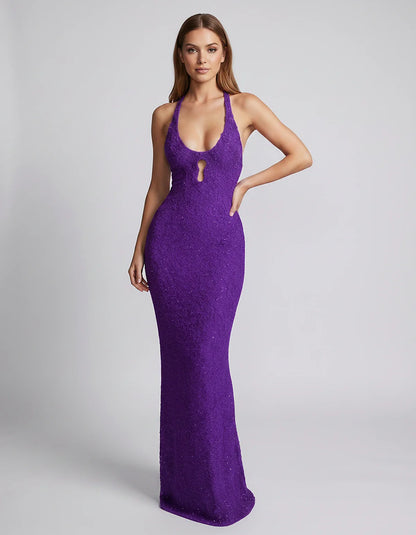 Sequin Sleeveless Halter Scoop Neck Mermaid Maxi Dress for Party, Cocktail, Evening, Wedding Guest, Summer Events, front view | SKU: LM-583920174628351-PURPLE-L,LM-583920174628351-PURPLE-M,LM-583920174628351-PURPLE-S,LM-583920174628351-PURPLE-XL,LM-583920174628351-PURPLE-XS