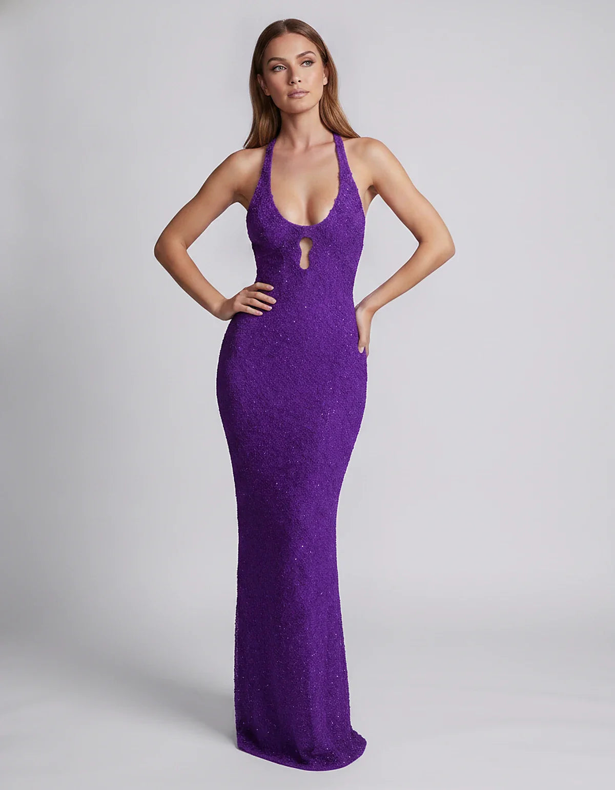 Sequin Sleeveless Halter Scoop Neck Mermaid Maxi Dress for Party, Cocktail, Evening, Wedding Guest, Summer Events, front view | SKU: LM-583920174628351-PURPLE-L,LM-583920174628351-PURPLE-M,LM-583920174628351-PURPLE-S,LM-583920174628351-PURPLE-XL,LM-583920174628351-PURPLE-XS