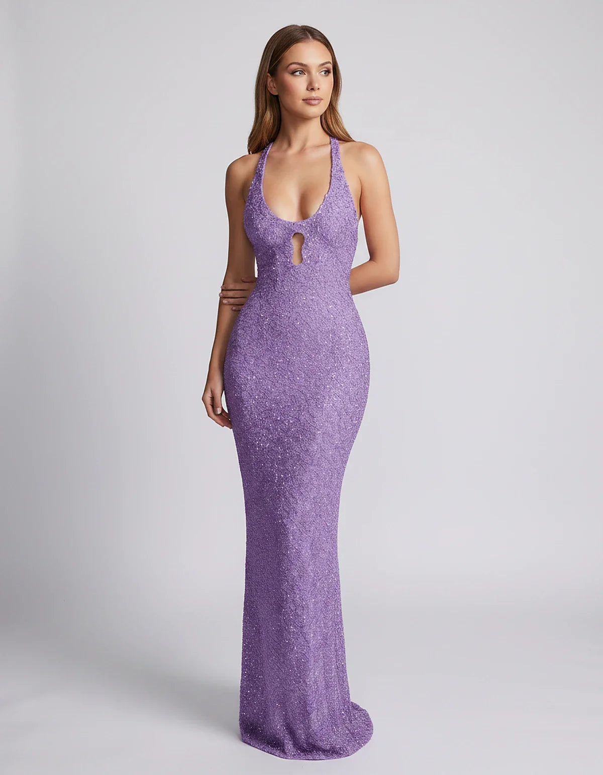 Sequin Sleeveless Halter Scoop Neck Mermaid Maxi Dress for Party, Cocktail, Evening, Wedding Guest, Summer Events, front view | SKU: LM-583920174628351-LAVENDER-L,LM-583920174628351-LAVENDER-M,LM-583920174628351-LAVENDER-S,LM-583920174628351-LAVENDER-XL,LM-583920174628351-LAVENDER-XS