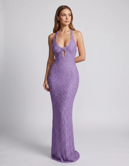 Sequin Sleeveless Halter Scoop Neck Mermaid Maxi Dress for Party, Cocktail, Evening, Wedding Guest, Summer Events, front view | SKU: LM-583920174628351-LAVENDER-L,LM-583920174628351-LAVENDER-M,LM-583920174628351-LAVENDER-S,LM-583920174628351-LAVENDER-XL,LM-583920174628351-LAVENDER-XS