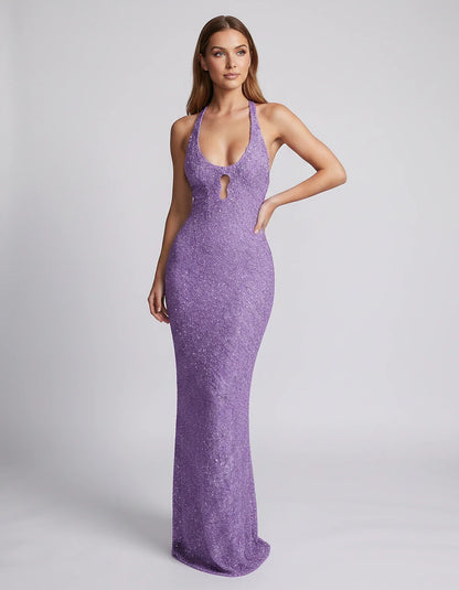 Sequin Sleeveless Halter Scoop Neck Mermaid Maxi Dress for Party, Cocktail, Evening, Wedding Guest, Summer Events, front view | SKU: LM-583920174628351-LAVENDER-L,LM-583920174628351-LAVENDER-M,LM-583920174628351-LAVENDER-S,LM-583920174628351-LAVENDER-XL,LM-583920174628351-LAVENDER-XS