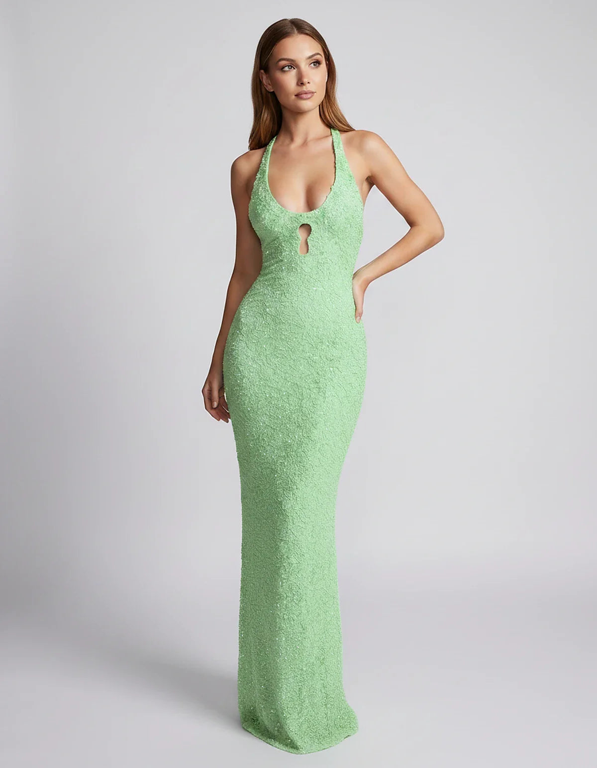 Sequin Sleeveless Halter Scoop Neck Mermaid Maxi Dress for Party, Cocktail, Evening, Wedding Guest, Summer Events, front view | SKU: LM-583920174628351-MINT-L,LM-583920174628351-MINT-M,LM-583920174628351-MINT-S,LM-583920174628351-MINT-XL,LM-583920174628351-MINT-XS