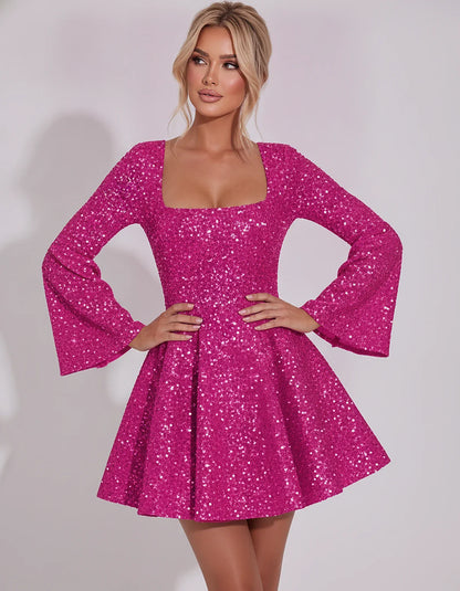 Sequined Long Sleeve Square Neck Fit and Flare Mini Dress for Party, Cocktail, Evening, Summer, Wedding Guest in Multiple Ele | SKU: MD-482915037261548-HOTPINK-L,MD-482915037261548-HOTPINK-M,MD-482915037261548-HOTPINK-S,MD-482915037261548-HOTPINK-XL,MD-482915037261548-HOTPINK-XS