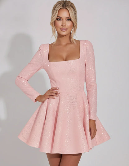 Sequined Long Sleeve Square Neck Fit and Flare Mini Dress for Party, Cocktail, Evening, Summer, Wedding Guest in Multiple Ele | SKU: MD-482915037261548-BLUSH-L,MD-482915037261548-BLUSH-M,MD-482915037261548-BLUSH-S,MD-482915037261548-BLUSH-XL,MD-482915037261548-BLUSH-XS