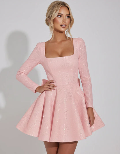 Sequined Long Sleeve Square Neck Fit and Flare Mini Dress for Party, Cocktail, Evening, Summer, Wedding Guest in Multiple Ele | SKU: MD-482915037261548-BLUSH-L,MD-482915037261548-BLUSH-M,MD-482915037261548-BLUSH-S,MD-482915037261548-BLUSH-XL,MD-482915037261548-BLUSH-XS