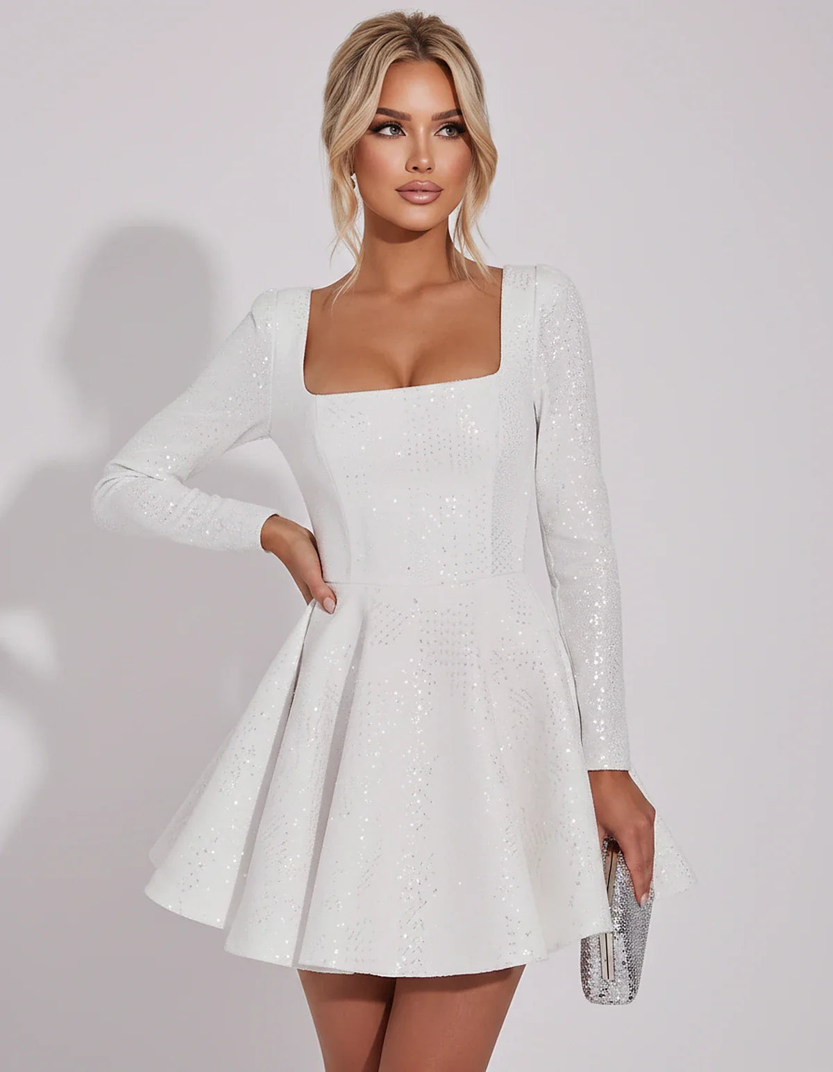 Sequined Long Sleeve Square Neck Fit and Flare Mini Dress for Party, Cocktail, Evening, Summer, Wedding Guest in Multiple Ele | SKU: MD-482915037261548-IVORY-L,MD-482915037261548-IVORY-M,MD-482915037261548-IVORY-S,MD-482915037261548-IVORY-XL,MD-482915037261548-IVORY-XS