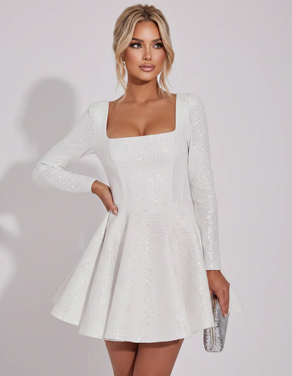 Sequined Long Sleeve Square Neck Fit and Flare Mini Dress for Party, Cocktail, Evening, Summer, Wedding Guest in Multiple Ele | SKU: MD-482915037261548-IVORY-L,MD-482915037261548-IVORY-M,MD-482915037261548-IVORY-S,MD-482915037261548-IVORY-XL,MD-482915037261548-IVORY-XS