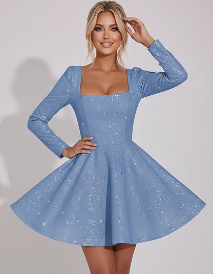 Sequined Long Sleeve Square Neck Fit and Flare Mini Dress for Party, Cocktail, Evening, Summer, Wedding Guest in Multiple Ele | SKU: MD-482915037261548-DUSTYBLUE-L,MD-482915037261548-DUSTYBLUE-M,MD-482915037261548-DUSTYBLUE-S,MD-482915037261548-DUSTYBLUE-XL,MD-482915037261548-DUSTYBLUE-XS