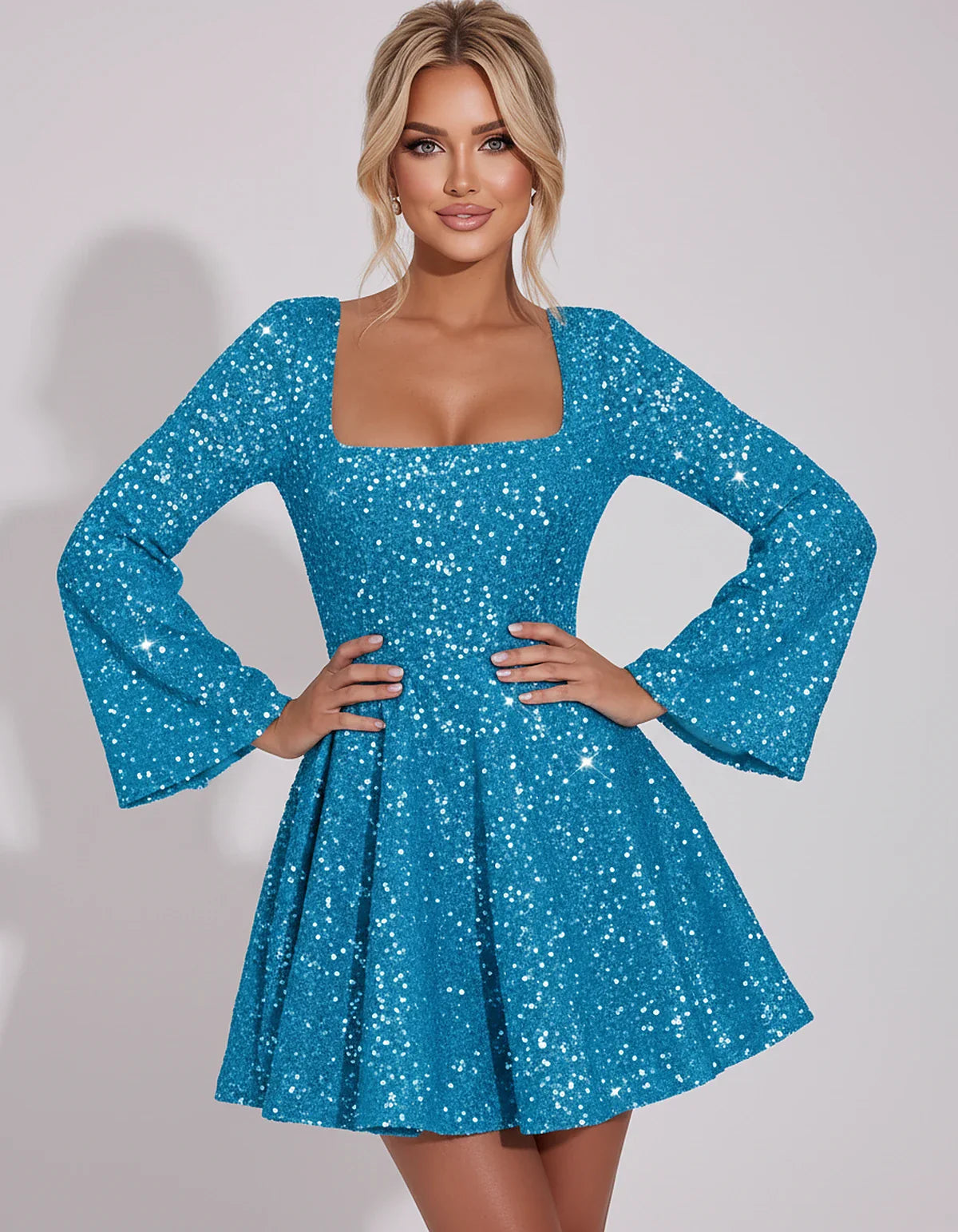 Sequined Long Sleeve Square Neck Fit and Flare Mini Dress for Party, Cocktail, Evening, Summer, Wedding Guest in Multiple Ele | SKU: MD-482915037261548-AQUA-L,MD-482915037261548-AQUA-M,MD-482915037261548-AQUA-S,MD-482915037261548-AQUA-XL,MD-482915037261548-AQUA-XS