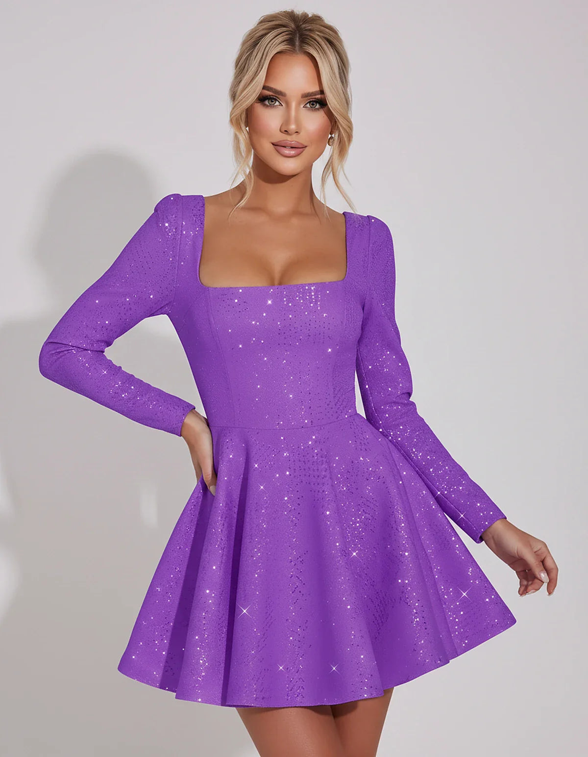 Sequined Long Sleeve Square Neck Fit and Flare Mini Dress for Party, Cocktail, Evening, Summer, Wedding Guest in Multiple Ele | SKU: MD-482915037261548-PURPLE-L,MD-482915037261548-PURPLE-M,MD-482915037261548-PURPLE-S,MD-482915037261548-PURPLE-XL,MD-482915037261548-PURPLE-XS