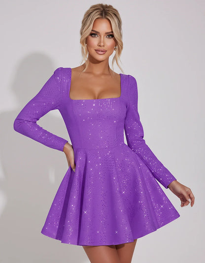 Sequined Long Sleeve Square Neck Fit and Flare Mini Dress for Party, Cocktail, Evening, Summer, Wedding Guest in Multiple Ele | SKU: MD-482915037261548-PURPLE-L,MD-482915037261548-PURPLE-M,MD-482915037261548-PURPLE-S,MD-482915037261548-PURPLE-XL,MD-482915037261548-PURPLE-XS