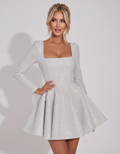 Sequined Long Sleeve Square Neck Fit and Flare Mini Dress for Party, Cocktail, Evening, Summer, Wedding Guest in Multiple Ele | SKU: MD-482915037261548-SILVER-L,MD-482915037261548-SILVER-M,MD-482915037261548-SILVER-S,MD-482915037261548-SILVER-XL,MD-482915037261548-SILVER-XS