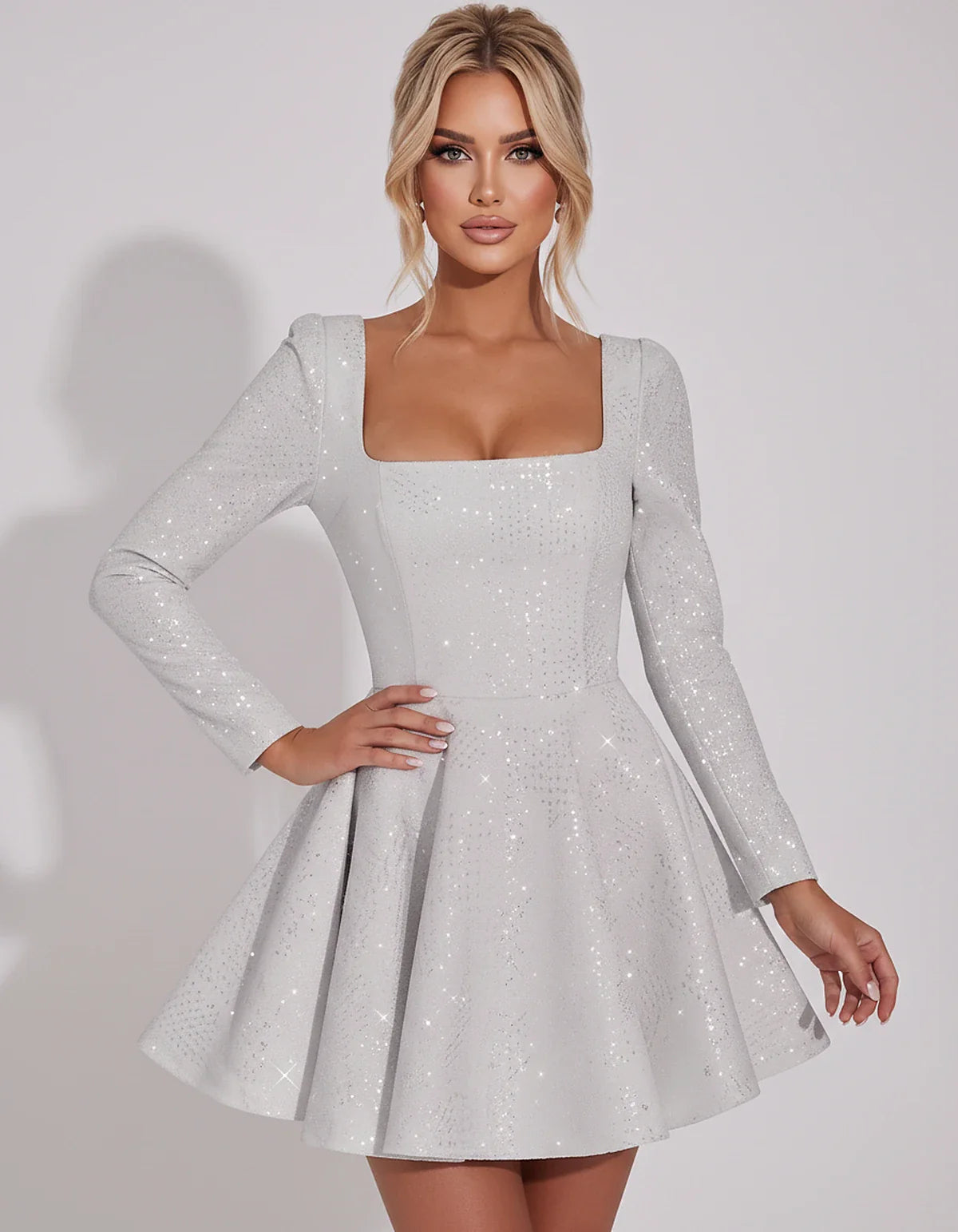 Sequined Long Sleeve Square Neck Fit and Flare Mini Dress for Party, Cocktail, Evening, Summer, Wedding Guest in Multiple Ele | SKU: MD-482915037261548-SILVER-L,MD-482915037261548-SILVER-M,MD-482915037261548-SILVER-S,MD-482915037261548-SILVER-XL,MD-482915037261548-SILVER-XS
