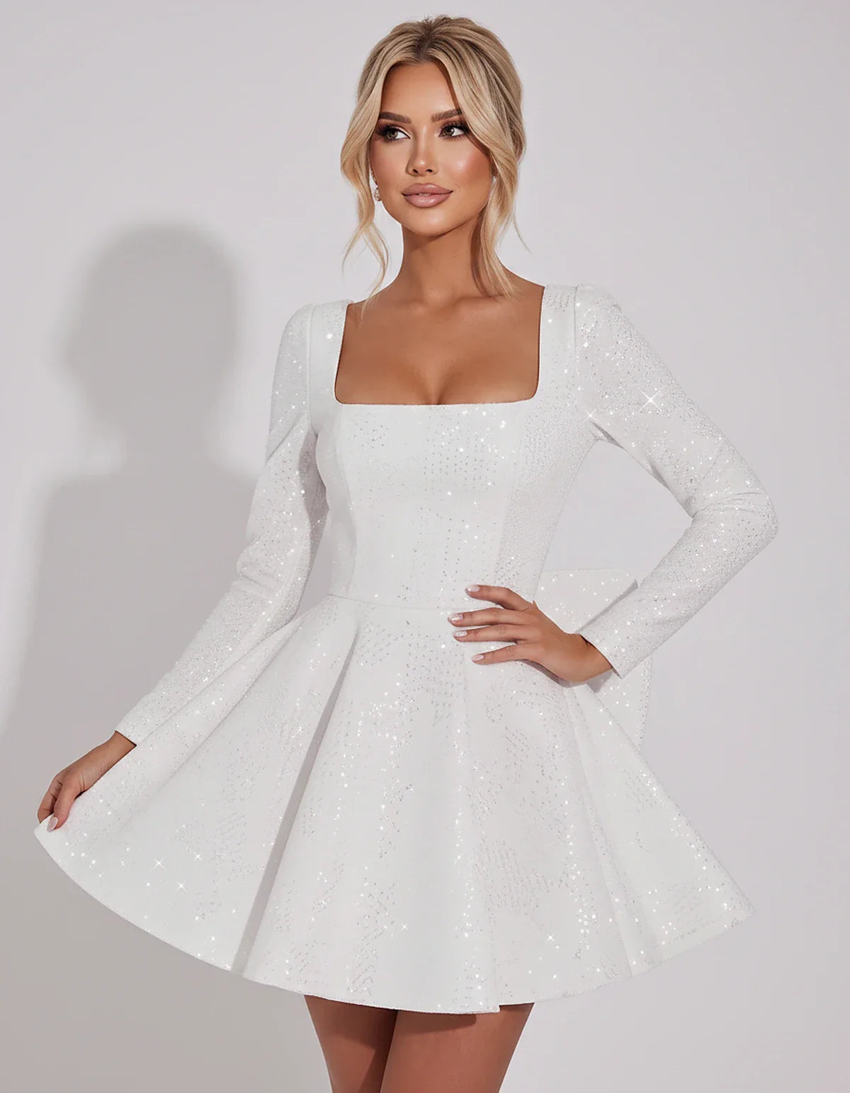 Sequined Long Sleeve Square Neck Fit and Flare Mini Dress for Party, Cocktail, Evening, Summer, Wedding Guest in Multiple Ele | SKU: MD-482915037261548-WHITE-L,MD-482915037261548-WHITE-M,MD-482915037261548-WHITE-S,MD-482915037261548-WHITE-XL,MD-482915037261548-WHITE-XS