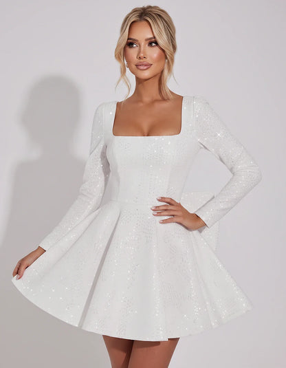 Sequined Long Sleeve Square Neck Fit and Flare Mini Dress for Party, Cocktail, Evening, Summer, Wedding Guest in Multiple Ele | SKU: MD-482915037261548-WHITE-L,MD-482915037261548-WHITE-M,MD-482915037261548-WHITE-S,MD-482915037261548-WHITE-XL,MD-482915037261548-WHITE-XS