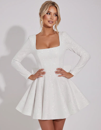 Sequined Long Sleeve Square Neck Fit and Flare Mini Dress for Party, Cocktail, Evening, Summer, Wedding Guest in Multiple Ele | SKU: MD-482915037261548-WHITE-L,MD-482915037261548-WHITE-M,MD-482915037261548-WHITE-S,MD-482915037261548-WHITE-XL,MD-482915037261548-WHITE-XS