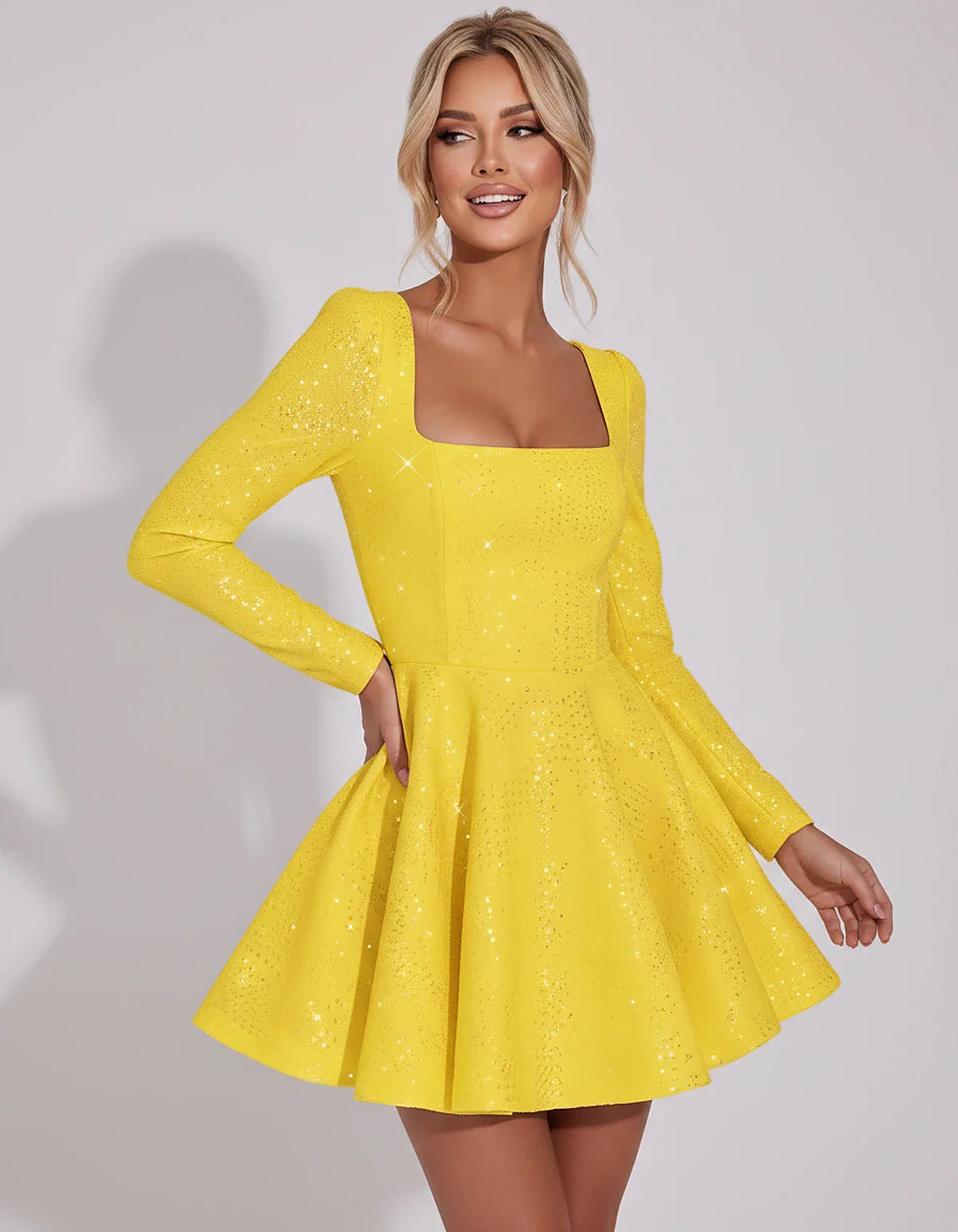 Sequined Long Sleeve Square Neck Fit and Flare Mini Dress for Party, Cocktail, Evening, Summer, Wedding Guest in Multiple Ele | SKU: MD-482915037261548-YELLOW-L,MD-482915037261548-YELLOW-M,MD-482915037261548-YELLOW-S,MD-482915037261548-YELLOW-XL,MD-482915037261548-YELLOW-XS