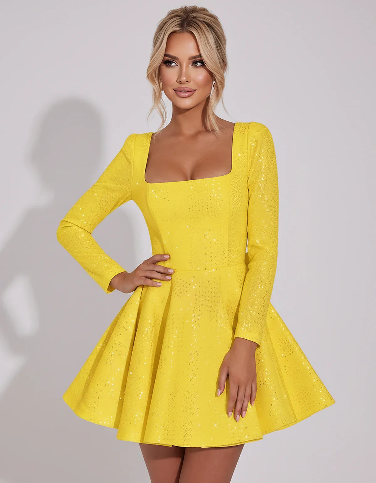 Sequined Long Sleeve Square Neck Fit and Flare Mini Dress for Party, Cocktail, Evening, Summer, Wedding Guest in Multiple Ele | SKU: MD-482915037261548-YELLOW-L,MD-482915037261548-YELLOW-M,MD-482915037261548-YELLOW-S,MD-482915037261548-YELLOW-XL,MD-482915037261548-YELLOW-XS