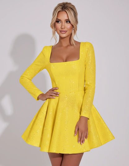 Sequined Long Sleeve Square Neck Fit and Flare Mini Dress for Party, Cocktail, Evening, Summer, Wedding Guest in Multiple Ele | SKU: MD-482915037261548-YELLOW-L,MD-482915037261548-YELLOW-M,MD-482915037261548-YELLOW-S,MD-482915037261548-YELLOW-XL,MD-482915037261548-YELLOW-XS