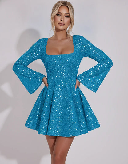Sequined Long Sleeve Square Neck Fit and Flare Mini Dress for Party, Cocktail, Evening, Summer, Wedding Guest in Multiple Ele | SKU: MD-482915037261548-AQUA-L,MD-482915037261548-AQUA-M,MD-482915037261548-AQUA-S,MD-482915037261548-AQUA-XL,MD-482915037261548-AQUA-XS