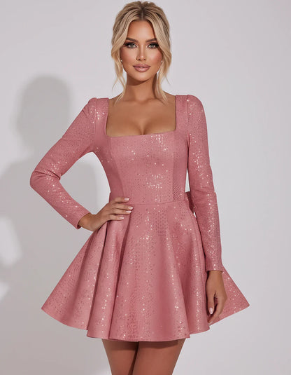 Sequined Long Sleeve Square Neck Fit and Flare Mini Dress for Party, Cocktail, Evening, Summer, Wedding Guest in Multiple Ele | SKU: MD-482915037261548-DUSTYROSE-XS,MD-482915037261548-DUSTYROSE-XS,MD-482915037261548-DUSTYROSE-XS,MD-482915037261548-DUSTYROSE-XS,MD-482915037261548-DUSTYROSE-XS