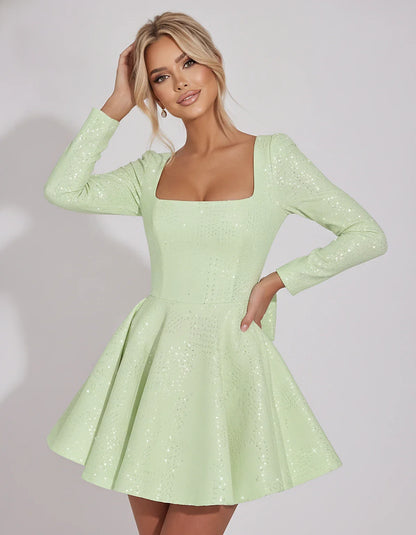 Sequined Long Sleeve Square Neck Fit and Flare Mini Dress for Party, Cocktail, Evening, Summer, Wedding Guest in Multiple Ele | SKU: MD-482915037261548-MINT-L,MD-482915037261548-MINT-M,MD-482915037261548-MINT-S,MD-482915037261548-MINT-XL,MD-482915037261548-MINT-XS