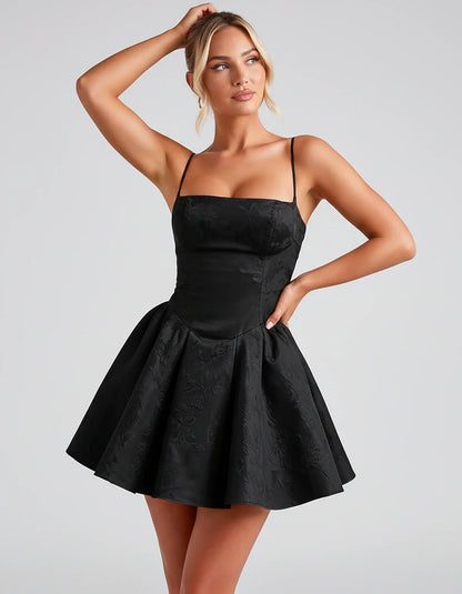 Satin Jacquard Spaghetti Strap Square Neck A-Line Mini Dress for Party, Cocktail, Evening, Summer, Graduation and Wedding Gue | SKU: LM-260707123456789-BLACK-L,LM-260707123456789-BLACK-M,LM-260707123456789-BLACK-S,LM-260707123456789-BLACK-XL,LM-260707123456789-BLACK-XS