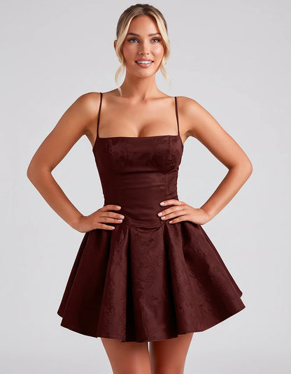 Satin Jacquard Spaghetti Strap Square Neck A-Line Mini Dress for Party, Cocktail, Evening, Summer, Graduation and Wedding Gue | SKU: LM-260707123456789-BURGUNDY-L,LM-260707123456789-BURGUNDY-M,LM-260707123456789-BURGUNDY-S,LM-260707123456789-BURGUNDY-XL,LM-260707123456789-BURGUNDY-XS
