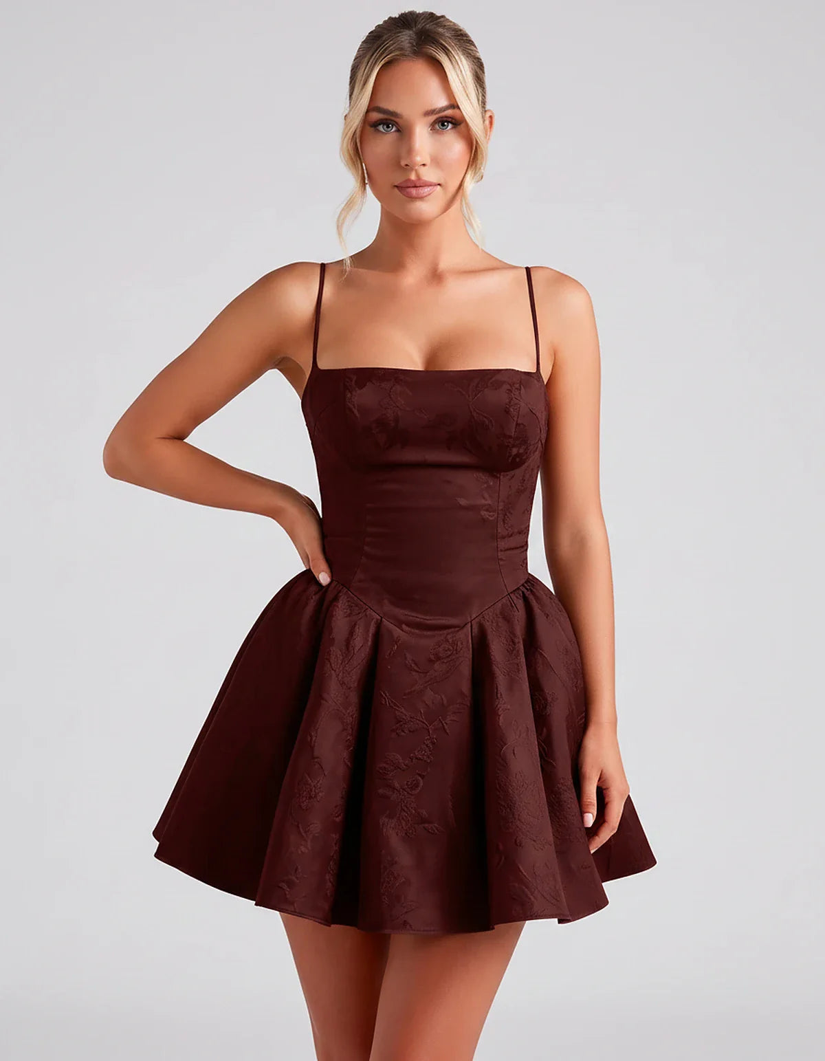 Satin Jacquard Spaghetti Strap Square Neck A-Line Mini Dress for Party, Cocktail, Evening, Summer, Graduation and Wedding Gue | SKU: LM-260707123456789-BURGUNDY-L,LM-260707123456789-BURGUNDY-M,LM-260707123456789-BURGUNDY-S,LM-260707123456789-BURGUNDY-XL,LM-260707123456789-BURGUNDY-XS