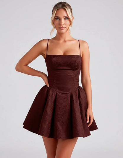 Satin Jacquard Spaghetti Strap Square Neck A-Line Mini Dress for Party, Cocktail, Evening, Summer, Graduation and Wedding Gue | SKU: LM-260707123456789-BURGUNDY-L,LM-260707123456789-BURGUNDY-M,LM-260707123456789-BURGUNDY-S,LM-260707123456789-BURGUNDY-XL,LM-260707123456789-BURGUNDY-XS