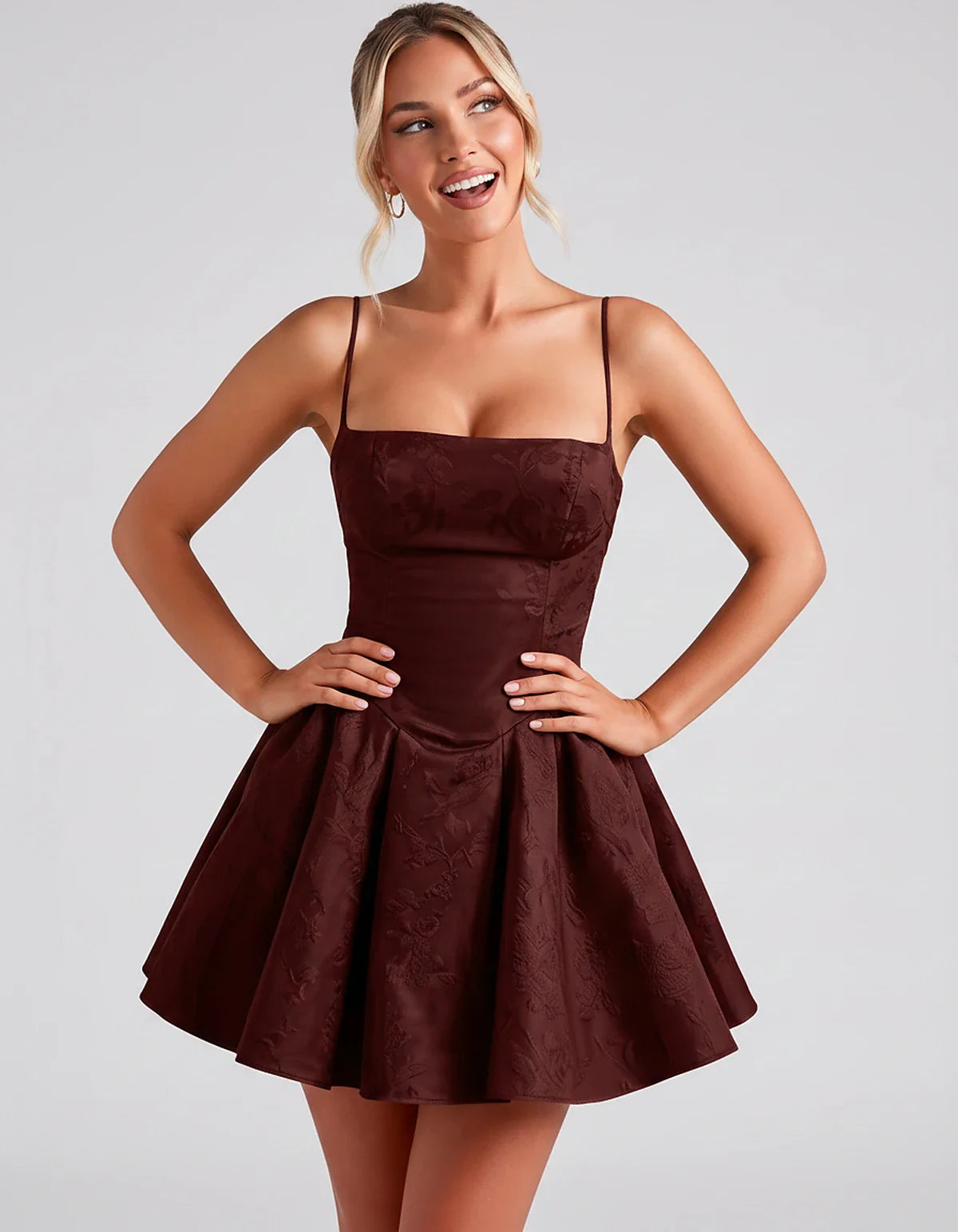 Satin Jacquard Spaghetti Strap Square Neck A-Line Mini Dress for Party, Cocktail, Evening, Summer, Graduation and Wedding Gue | SKU: LM-260707123456789-BURGUNDY-L,LM-260707123456789-BURGUNDY-M,LM-260707123456789-BURGUNDY-S,LM-260707123456789-BURGUNDY-XL,LM-260707123456789-BURGUNDY-XS