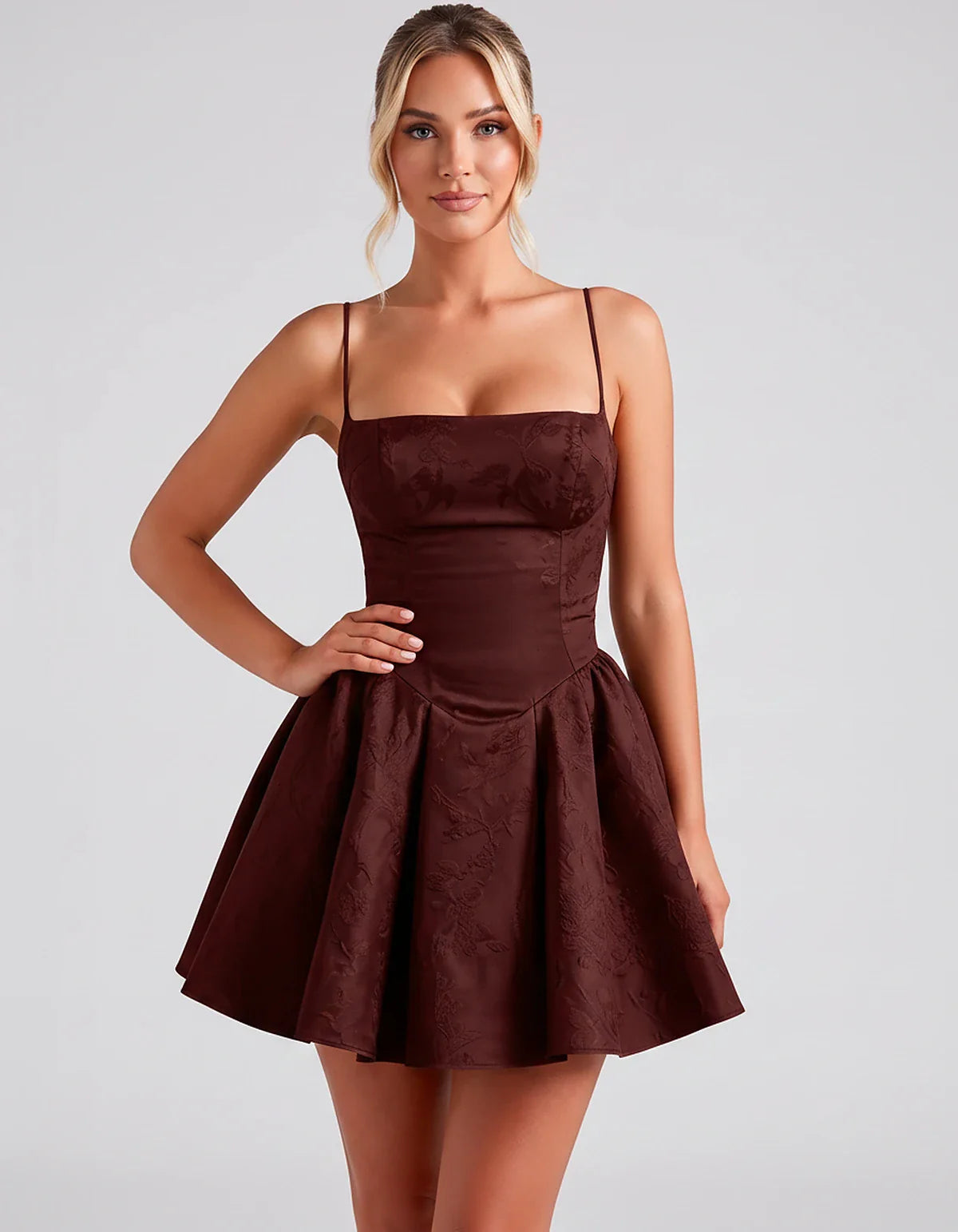 Satin Jacquard Spaghetti Strap Square Neck A-Line Mini Dress for Party, Cocktail, Evening, Summer, Graduation and Wedding Gue | SKU: LM-260707123456789-BURGUNDY-L,LM-260707123456789-BURGUNDY-M,LM-260707123456789-BURGUNDY-S,LM-260707123456789-BURGUNDY-XL,LM-260707123456789-BURGUNDY-XS
