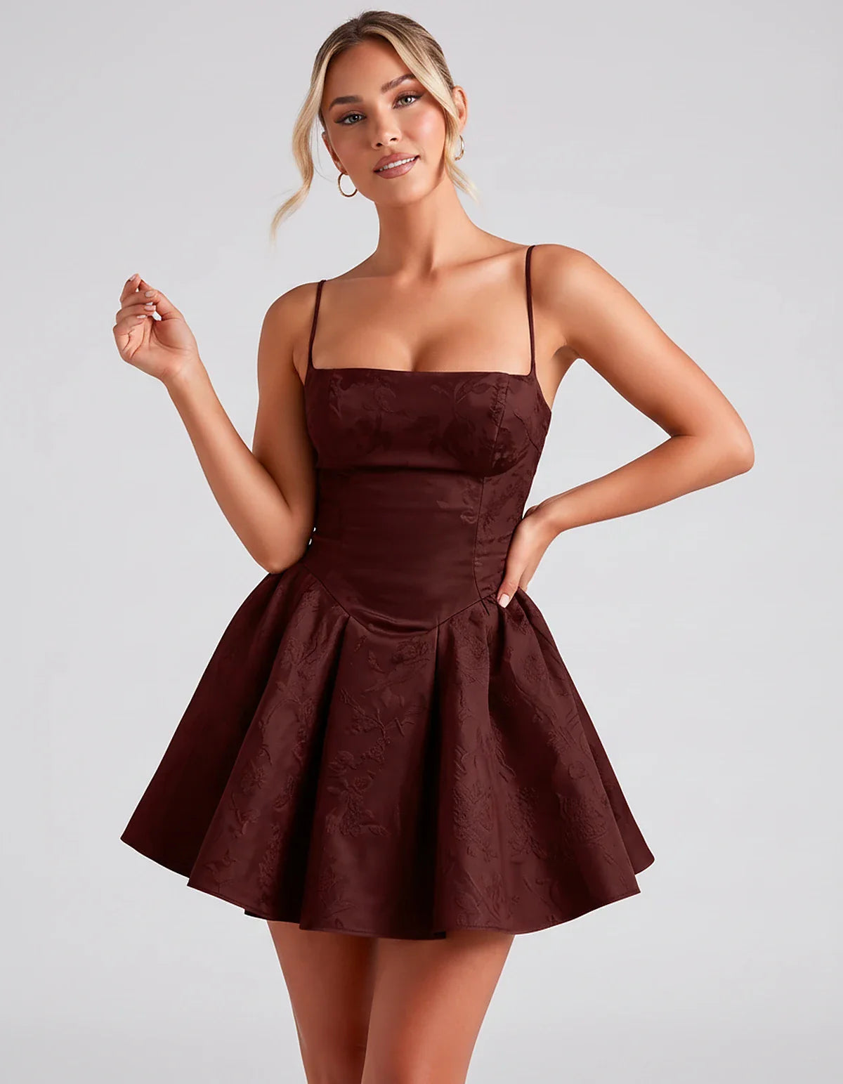 Satin Jacquard Spaghetti Strap Square Neck A-Line Mini Dress for Party, Cocktail, Evening, Summer, Graduation and Wedding Gue | SKU: LM-260707123456789-BURGUNDY-L,LM-260707123456789-BURGUNDY-M,LM-260707123456789-BURGUNDY-S,LM-260707123456789-BURGUNDY-XL,LM-260707123456789-BURGUNDY-XS
