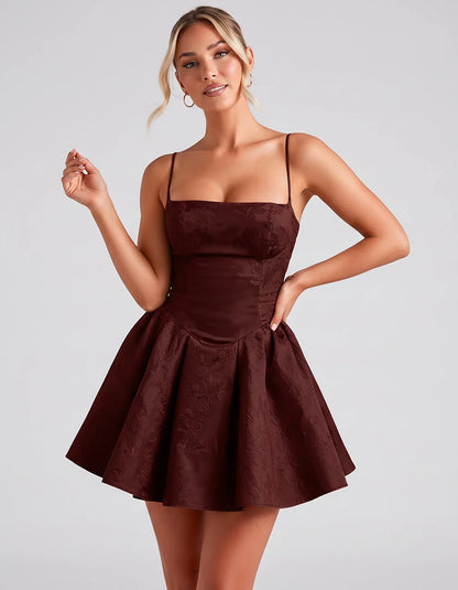 Satin Jacquard Spaghetti Strap Square Neck A-Line Mini Dress for Party, Cocktail, Evening, Summer, Graduation and Wedding Gue | SKU: LM-260707123456789-BURGUNDY-L,LM-260707123456789-BURGUNDY-M,LM-260707123456789-BURGUNDY-S,LM-260707123456789-BURGUNDY-XL,LM-260707123456789-BURGUNDY-XS