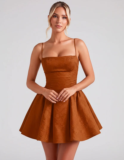 Satin Jacquard Spaghetti Strap Square Neck A-Line Mini Dress for Party, Cocktail, Evening, Summer, Graduation and Wedding Gue | SKU: LM-260707123456789-BURNTORANGE-L,LM-260707123456789-BURNTORANGE-M,LM-260707123456789-BURNTORANGE-S,LM-260707123456789-BURNTORANGE-XL,LM-260707123456789-BURNTORANGE-XS