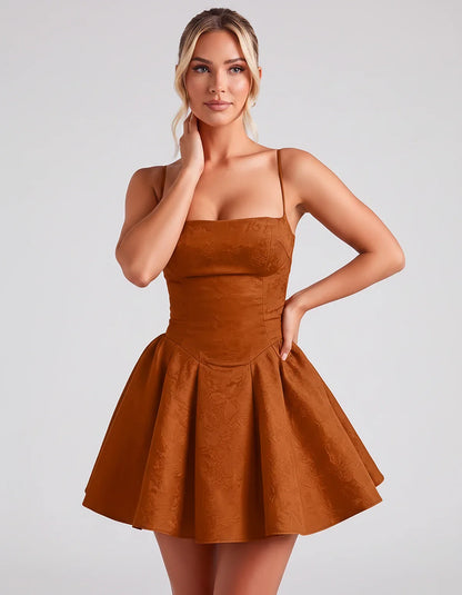 Satin Jacquard Spaghetti Strap Square Neck A-Line Mini Dress for Party, Cocktail, Evening, Summer, Graduation and Wedding Gue | SKU: LM-260707123456789-BURNTORANGE-L,LM-260707123456789-BURNTORANGE-M,LM-260707123456789-BURNTORANGE-S,LM-260707123456789-BURNTORANGE-XL,LM-260707123456789-BURNTORANGE-XS