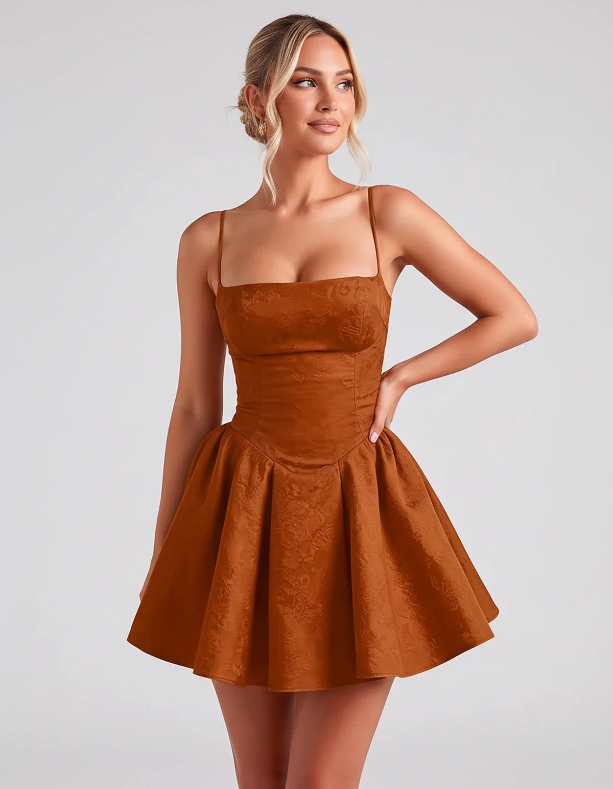 Satin Jacquard Spaghetti Strap Square Neck A-Line Mini Dress for Party, Cocktail, Evening, Summer, Graduation and Wedding Gue | SKU: LM-260707123456789-BURNTORANGE-L,LM-260707123456789-BURNTORANGE-M,LM-260707123456789-BURNTORANGE-S,LM-260707123456789-BURNTORANGE-XL,LM-260707123456789-BURNTORANGE-XS