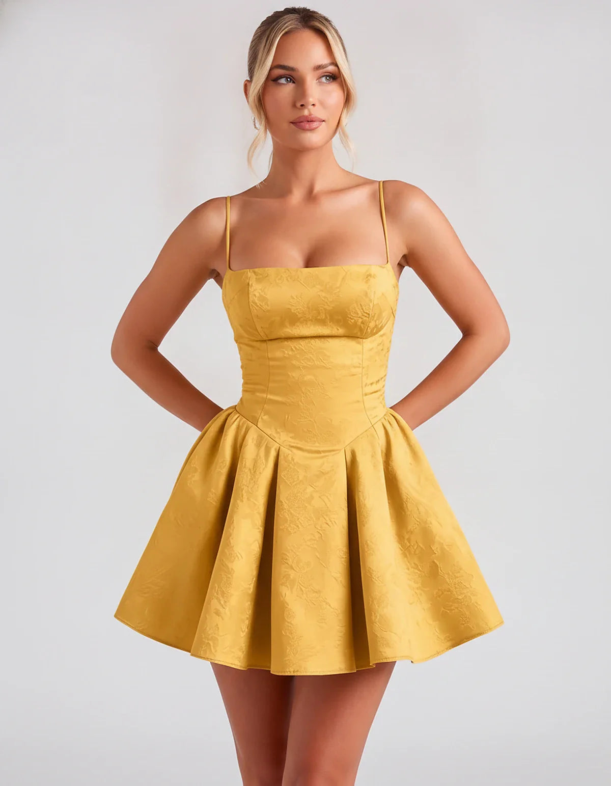 Satin Jacquard Spaghetti Strap Square Neck A-Line Mini Dress for Party, Cocktail, Evening, Summer, Graduation and Wedding Gue | SKU: LM-260707123456789-GOLD-L,LM-260707123456789-GOLD-M,LM-260707123456789-GOLD-S,LM-260707123456789-GOLD-XL,LM-260707123456789-GOLD-XS