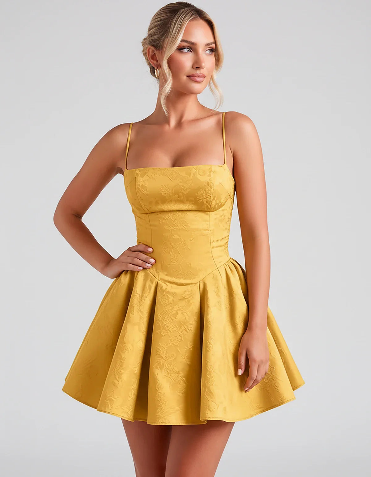 Satin Jacquard Spaghetti Strap Square Neck A-Line Mini Dress for Party, Cocktail, Evening, Summer, Graduation and Wedding Gue | SKU: LM-260707123456789-GOLD-L,LM-260707123456789-GOLD-M,LM-260707123456789-GOLD-S,LM-260707123456789-GOLD-XL,LM-260707123456789-GOLD-XS