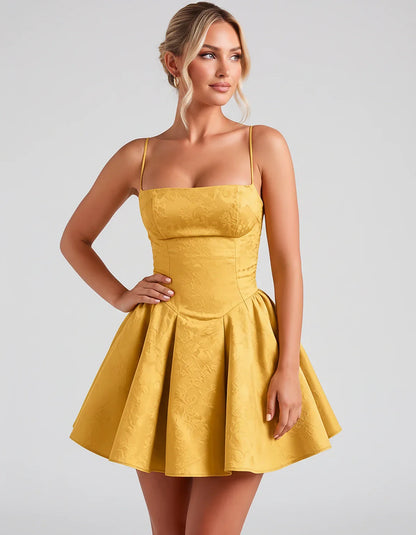 Satin Jacquard Spaghetti Strap Square Neck A-Line Mini Dress for Party, Cocktail, Evening, Summer, Graduation and Wedding Gue | SKU: LM-260707123456789-GOLD-L,LM-260707123456789-GOLD-M,LM-260707123456789-GOLD-S,LM-260707123456789-GOLD-XL,LM-260707123456789-GOLD-XS