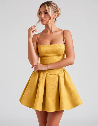 Satin Jacquard Spaghetti Strap Square Neck A-Line Mini Dress for Party, Cocktail, Evening, Summer, Graduation and Wedding Gue | SKU: LM-260707123456789-GOLD-L,LM-260707123456789-GOLD-M,LM-260707123456789-GOLD-S,LM-260707123456789-GOLD-XL,LM-260707123456789-GOLD-XS