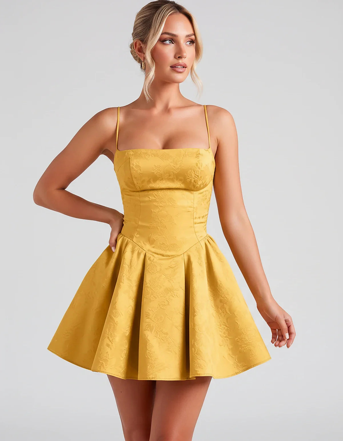 Satin Jacquard Spaghetti Strap Square Neck A-Line Mini Dress for Party, Cocktail, Evening, Summer, Graduation and Wedding Gue | SKU: LM-260707123456789-GOLD-L,LM-260707123456789-GOLD-M,LM-260707123456789-GOLD-S,LM-260707123456789-GOLD-XL,LM-260707123456789-GOLD-XS