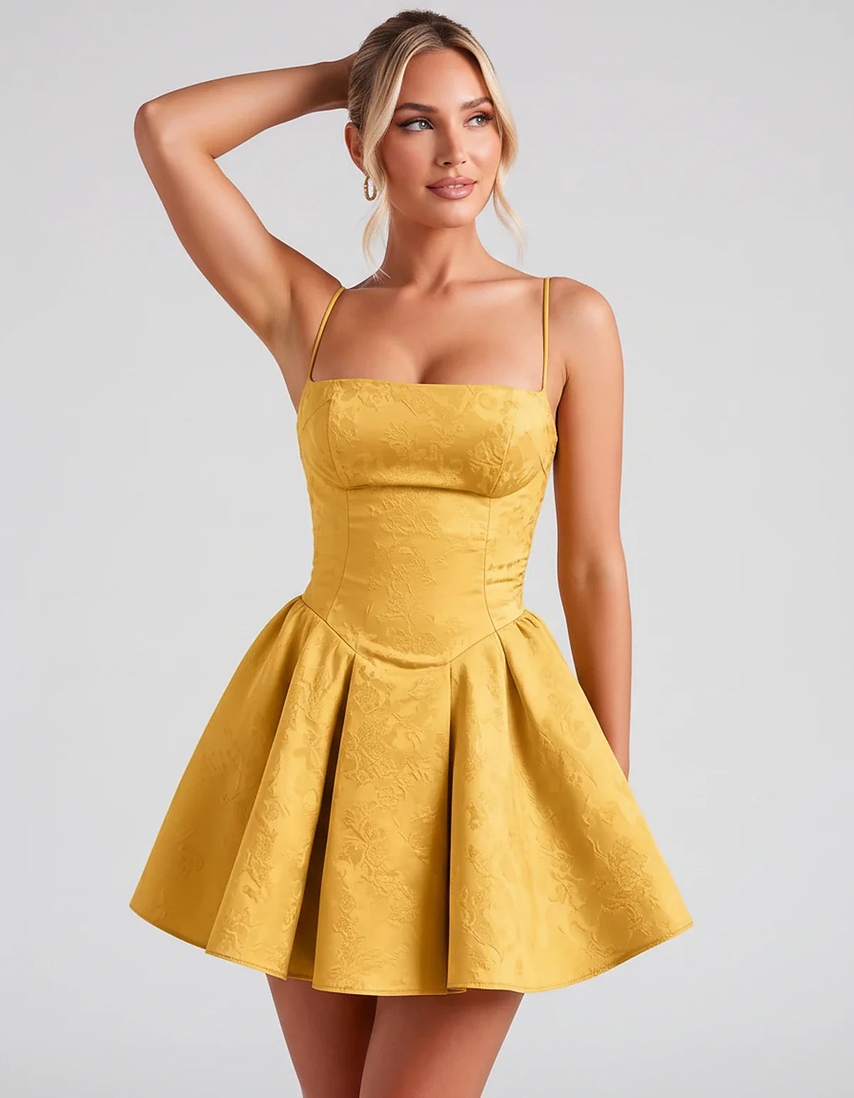 Satin Jacquard Spaghetti Strap Square Neck A-Line Mini Dress for Party, Cocktail, Evening, Summer, Graduation and Wedding Gue | SKU: LM-260707123456789-GOLD-L,LM-260707123456789-GOLD-M,LM-260707123456789-GOLD-S,LM-260707123456789-GOLD-XL,LM-260707123456789-GOLD-XS