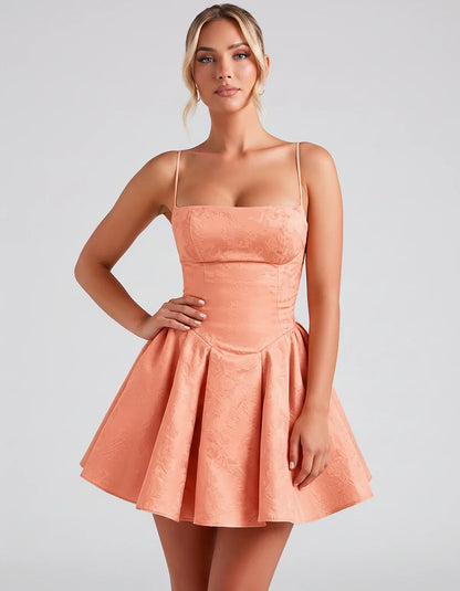 Satin Jacquard Spaghetti Strap Square Neck A-Line Mini Dress for Party, Cocktail, Evening, Summer, Graduation and Wedding Gue | SKU: LM-260707123456789-CORAL-L,LM-260707123456789-CORAL-M,LM-260707123456789-CORAL-S,LM-260707123456789-CORAL-XL,LM-260707123456789-CORAL-XS