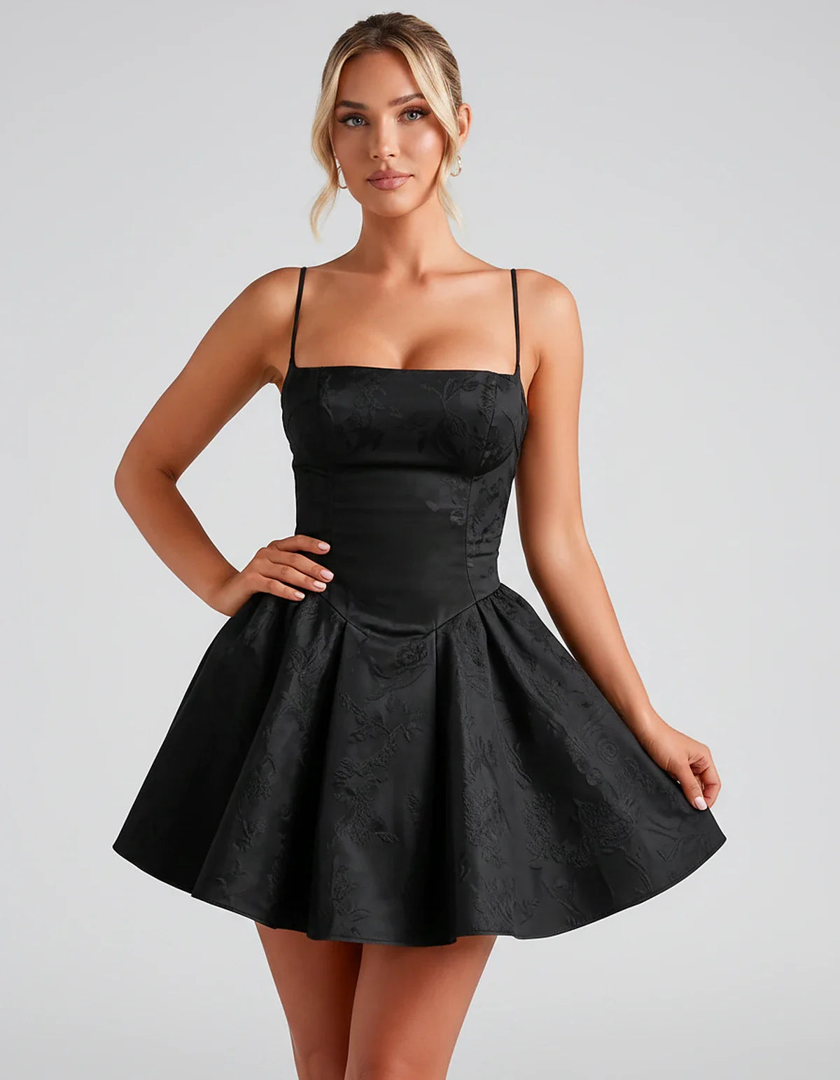 Satin Jacquard Spaghetti Strap Square Neck A-Line Mini Dress for Party, Cocktail, Evening, Summer, Graduation and Wedding Gue | SKU: LM-260707123456789-BLACK-L,LM-260707123456789-BLACK-M,LM-260707123456789-BLACK-S,LM-260707123456789-BLACK-XL,LM-260707123456789-BLACK-XS