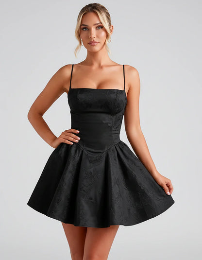 Satin Jacquard Spaghetti Strap Square Neck A-Line Mini Dress for Party, Cocktail, Evening, Summer, Graduation and Wedding Gue | SKU: LM-260707123456789-BLACK-L,LM-260707123456789-BLACK-M,LM-260707123456789-BLACK-S,LM-260707123456789-BLACK-XL,LM-260707123456789-BLACK-XS