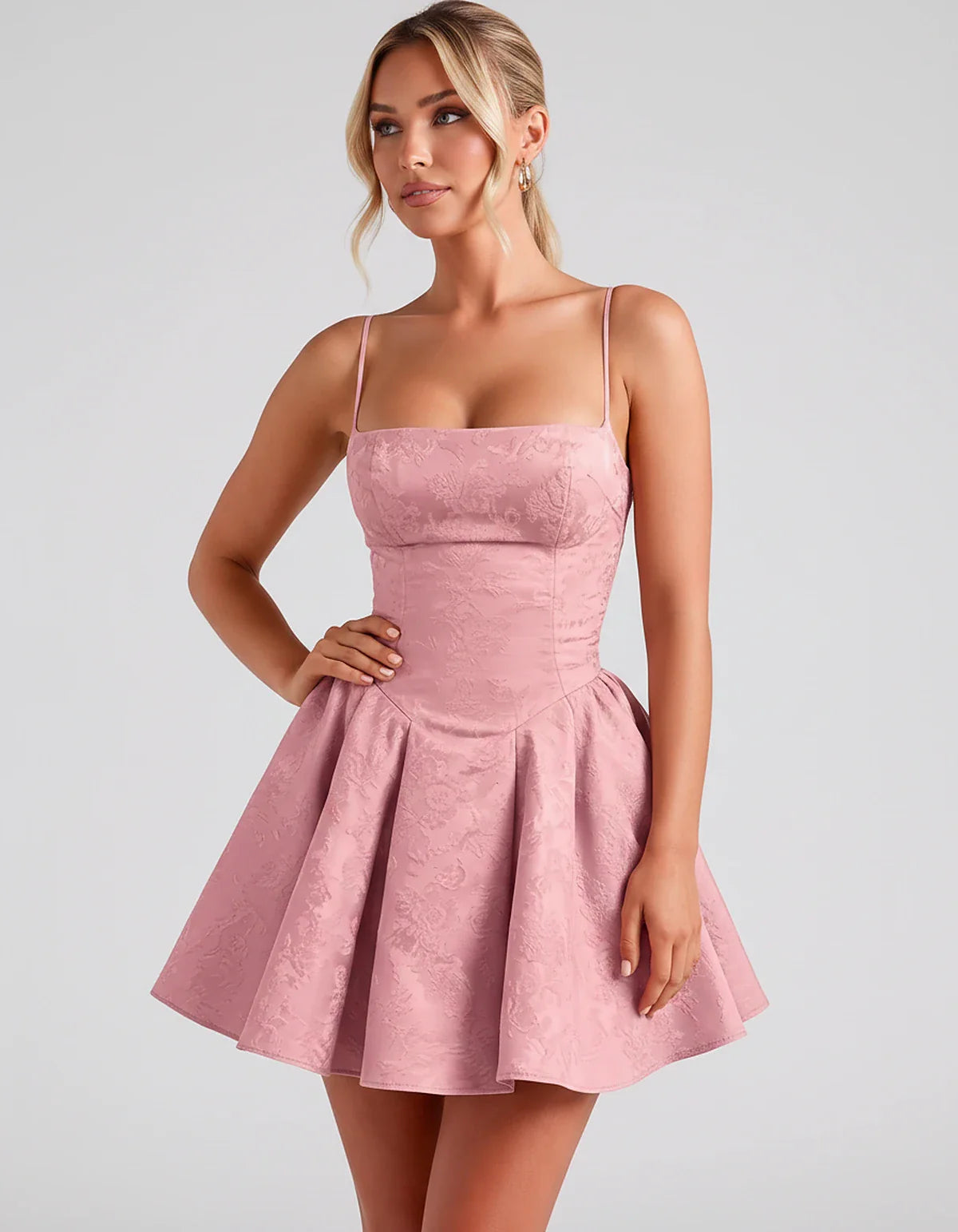 Satin Jacquard Spaghetti Strap Square Neck A-Line Mini Dress for Party, Cocktail, Evening, Summer, Graduation and Wedding Gue | SKU: LM-260707123456789-ROSEGOLD-L,LM-260707123456789-ROSEGOLD-M,LM-260707123456789-ROSEGOLD-S,LM-260707123456789-ROSEGOLD-XL,LM-260707123456789-ROSEGOLD-XS