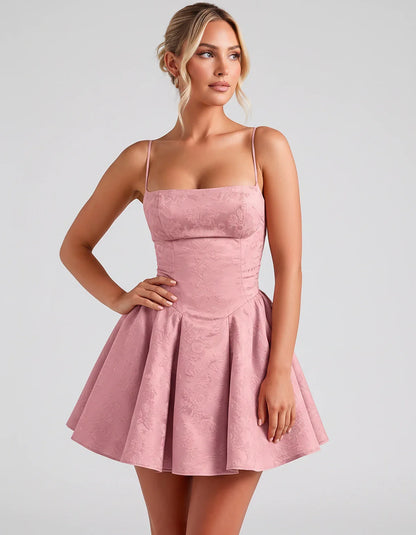 Satin Jacquard Spaghetti Strap Square Neck A-Line Mini Dress for Party, Cocktail, Evening, Summer, Graduation and Wedding Gue | SKU: LM-260707123456789-ROSEGOLD-L,LM-260707123456789-ROSEGOLD-M,LM-260707123456789-ROSEGOLD-S,LM-260707123456789-ROSEGOLD-XL,LM-260707123456789-ROSEGOLD-XS