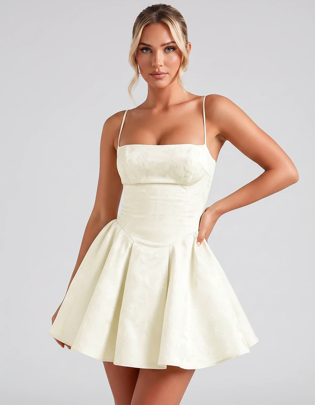 Satin Jacquard Spaghetti Strap Square Neck A-Line Mini Dress for Party, Cocktail, Evening, Summer, Graduation and Wedding Gue | SKU: LM-260707123456789-IVORY-L,LM-260707123456789-IVORY-M,LM-260707123456789-IVORY-S,LM-260707123456789-IVORY-XL,LM-260707123456789-IVORY-XS