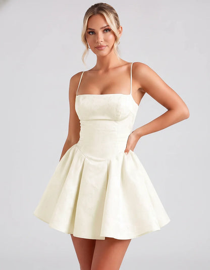 Satin Jacquard Spaghetti Strap Square Neck A-Line Mini Dress for Party, Cocktail, Evening, Summer, Graduation and Wedding Gue | SKU: LM-260707123456789-IVORY-L,LM-260707123456789-IVORY-M,LM-260707123456789-IVORY-S,LM-260707123456789-IVORY-XL,LM-260707123456789-IVORY-XS